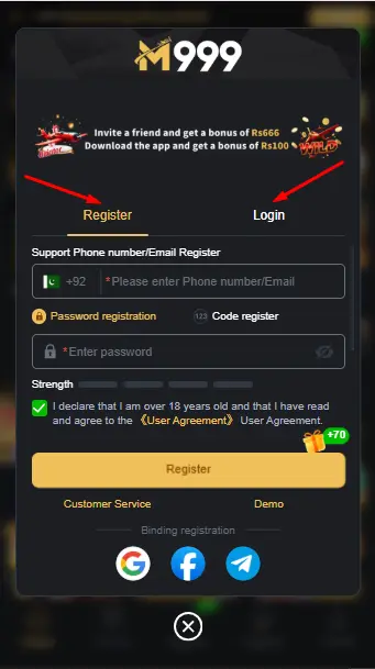 M999 Register and Login
