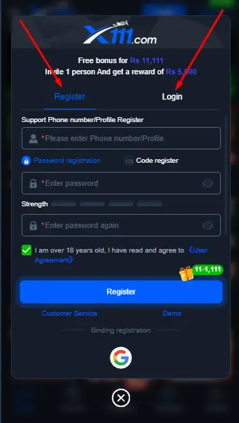 X111 register and login
