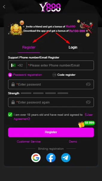 y888 register and login