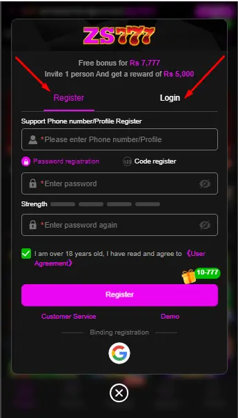 ZS777 Login and Register
